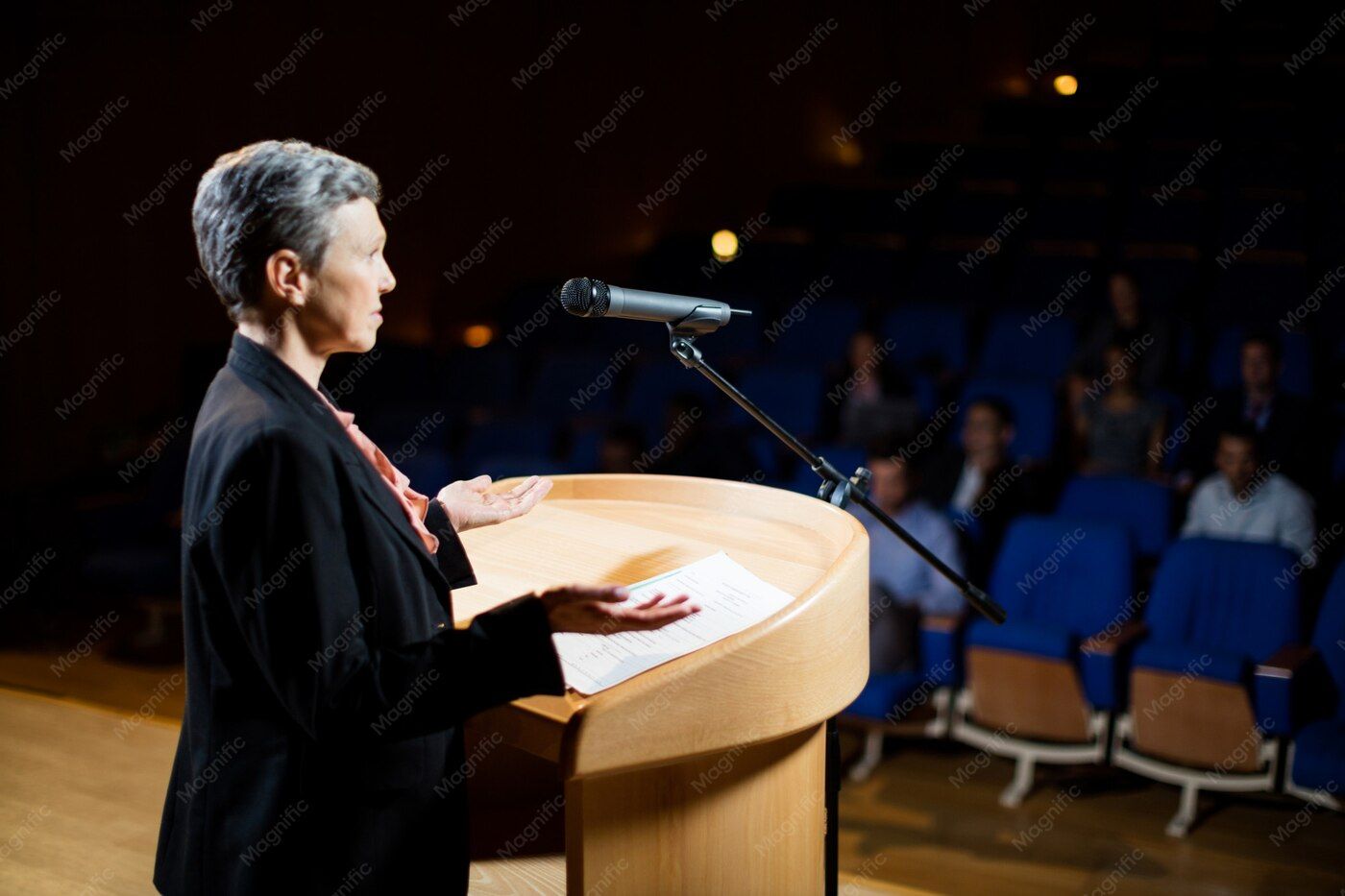 Kate Delaney speaking from a podium at a Smithtown town hall