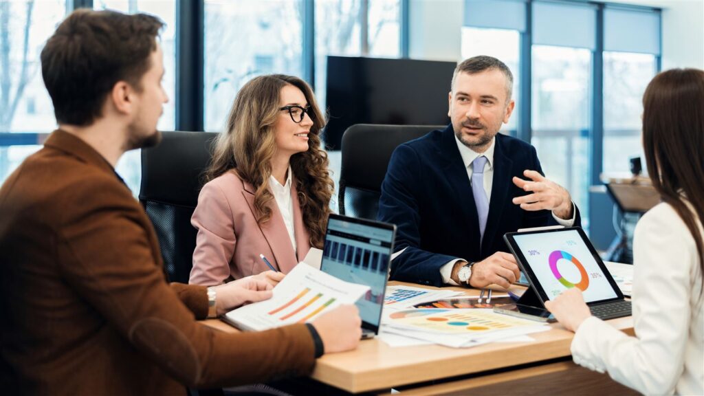 Team discussing results in an office meeting